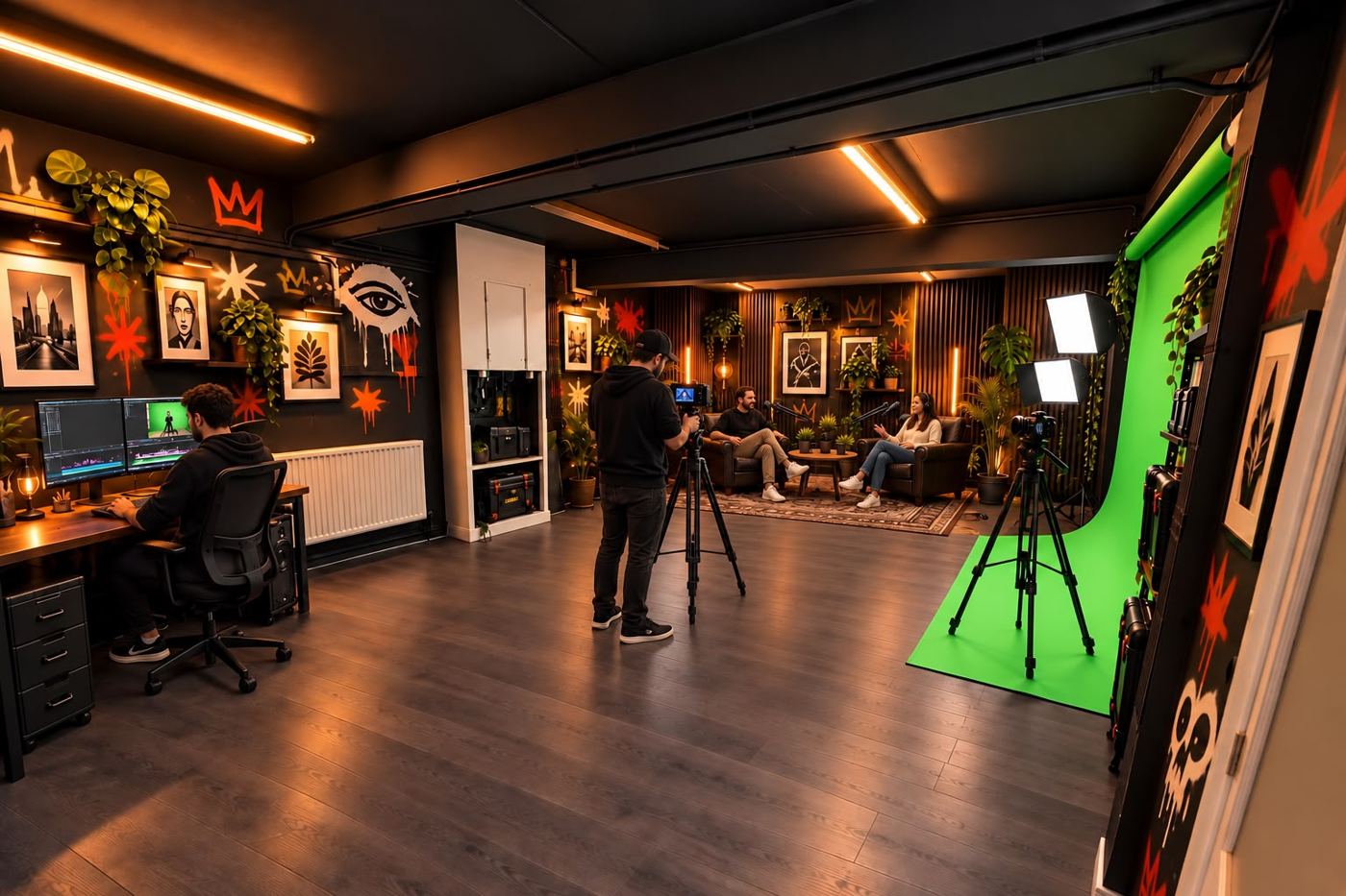Concept render of the production floor with green screen and editing desk